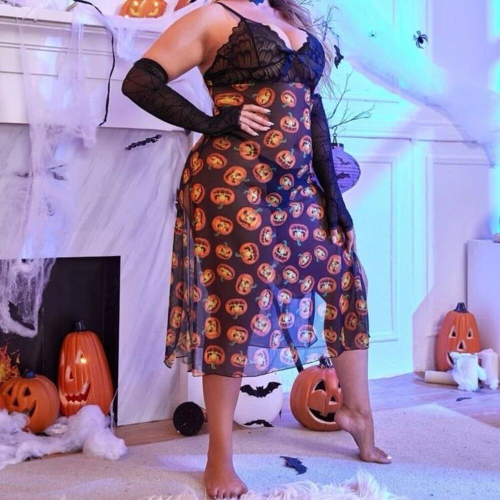 Plus Halloween Lace Mesh Slip Dress Lingerie 3x 18 Long Sheer Spooky Nightgown